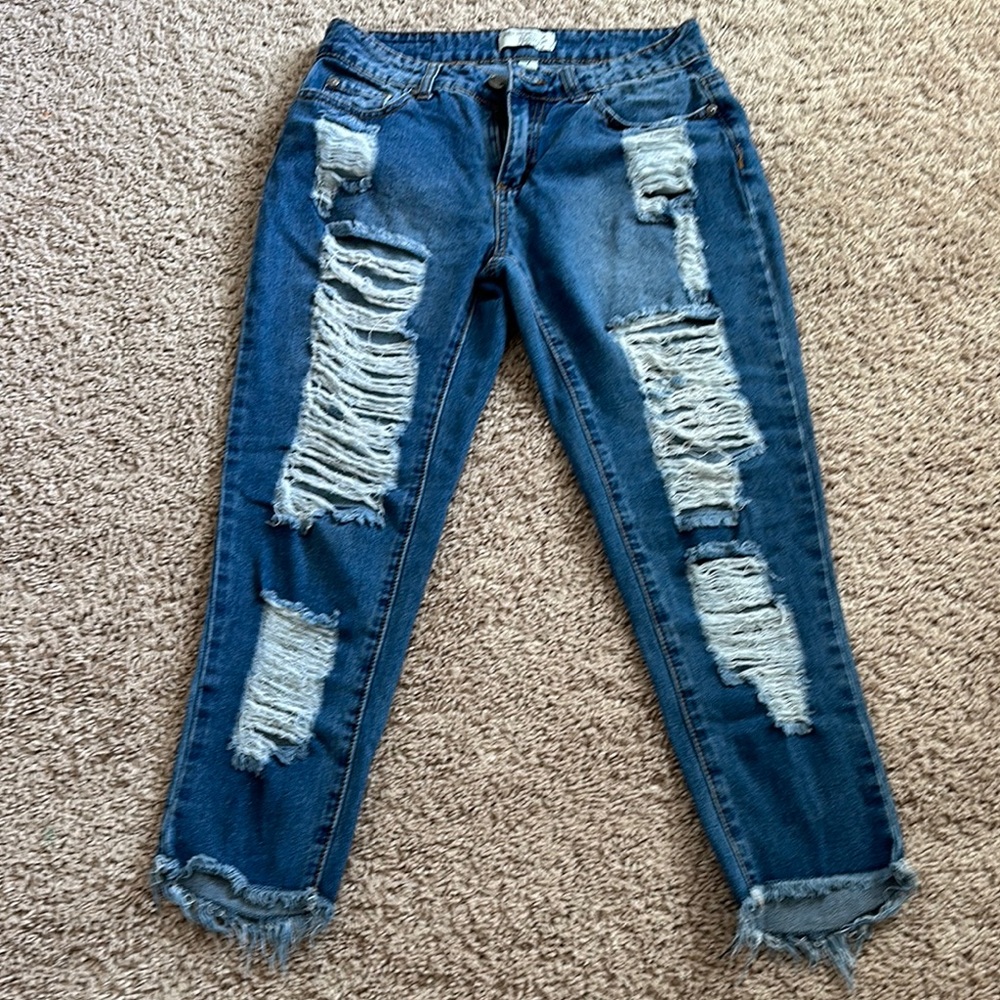 Ripped Boyfriend Jeans in Classic Blue